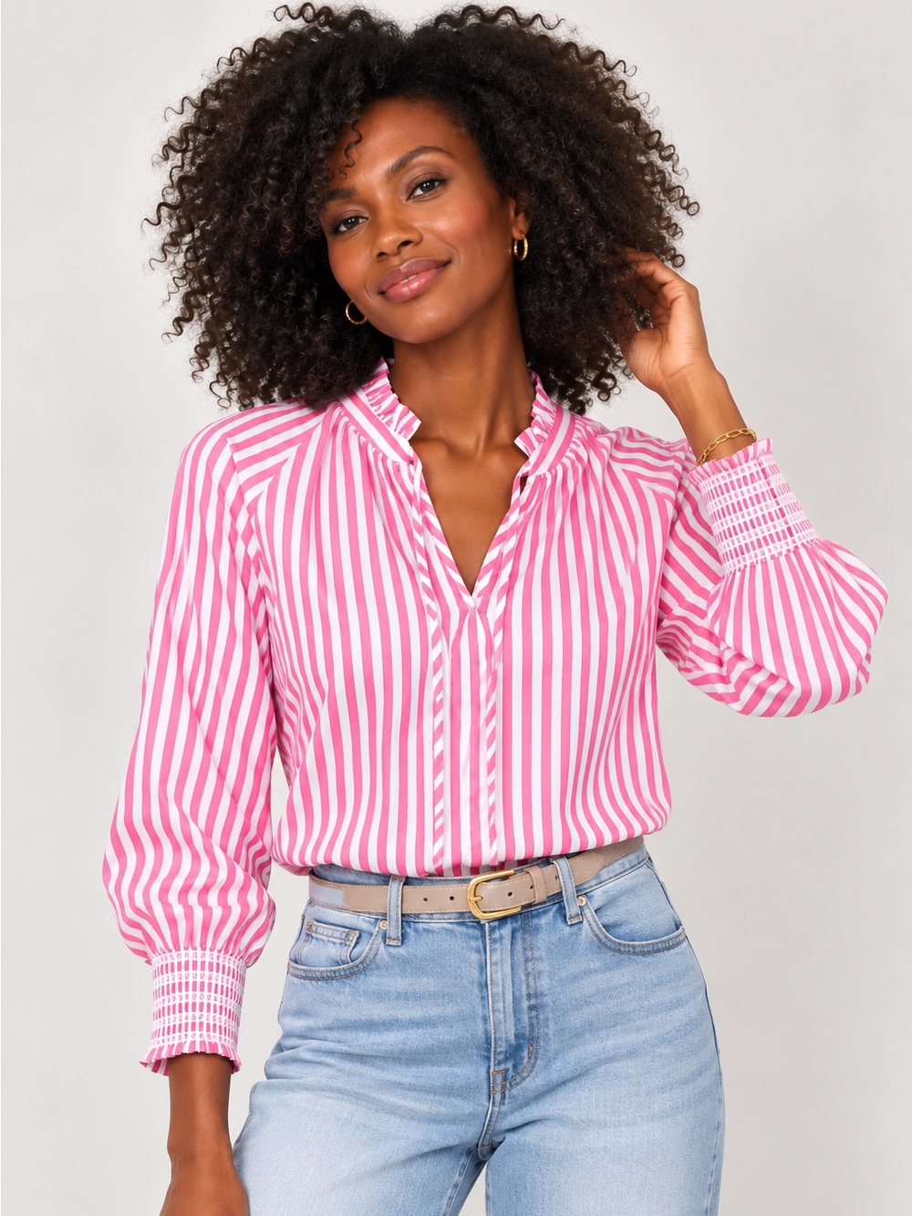 J Crew Smocked-cuff popover top in Pink and White stripe Size S